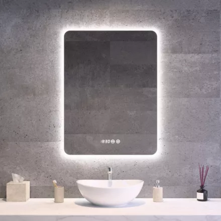 Tükör LED világítással 60x80cm | Páramentesítő funkció | Beépített óra | Fényerő és színhőmérséklet szabályozás | Welland Type-1VS