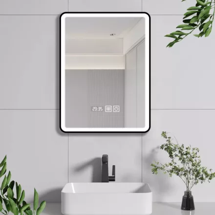 Fekete keretes LED tükör 60x80cm | Fényerő és színhőmérséklet szabályozás | Welland Type-3V