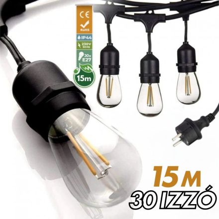 Kültéri lámpafüzér LED izzókkal - 15méter - 31db LED izzó - Kerti izzósor, girland, dekorációs világítás - IP44