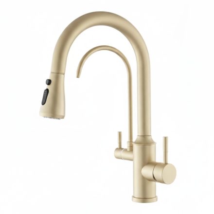 Welland Riva 3 utas / vízszűrős mosogató csaptelep - kihúzható zuhanyfej (matt arany)