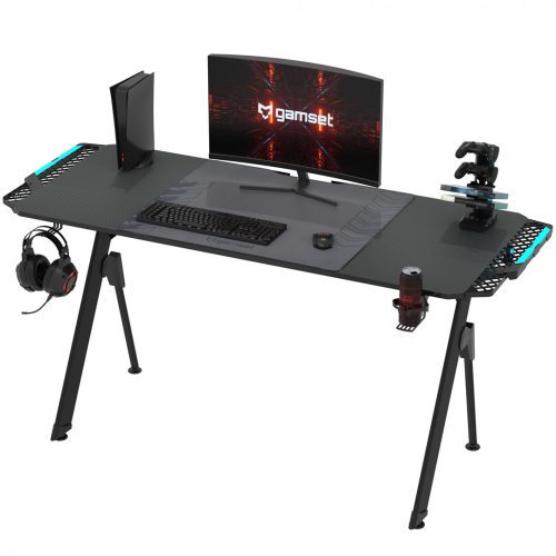 Gamer asztal íróasztal LED világítás karbon bevonat USB töltő