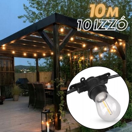 Kerti dekorációs fényfüzér | 10m + 11db LED izzó az árban | Kültéri égősor | Girland | IP44 E27
