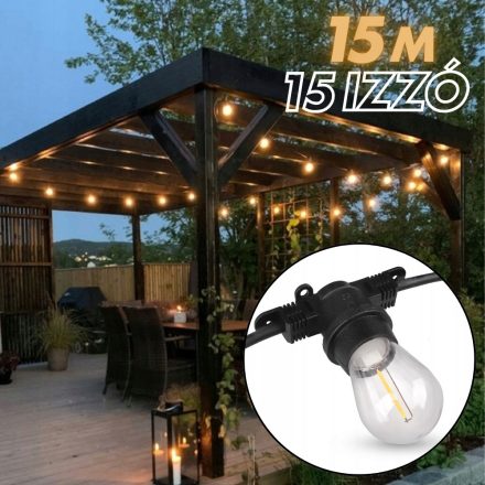 Kerti dekorációs fényfüzér | 15m + 16db LED izzó az árban | Kültéri égősor | Girland | IP44 E27