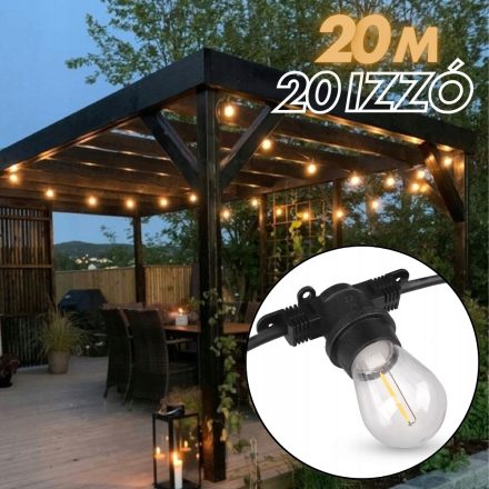 Kerti dekorációs fényfüzér | 20m + 21db LED izzó az árban | Kültéri égősor | Girland | IP44 E27