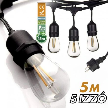 Kültéri fényfüzér girland 5m + 6db 1W LED izzó IP44 E27