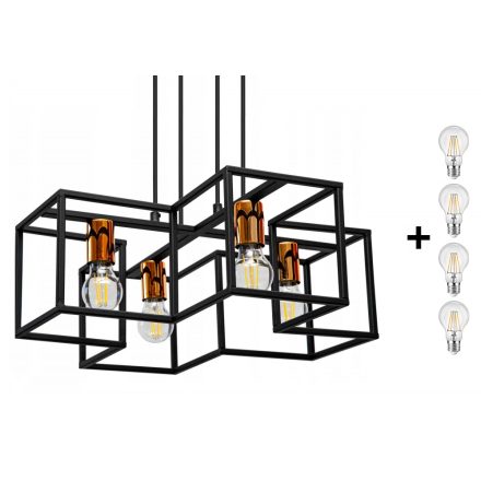 Glimex CAGE állítható függőlámpa fekete réz/króm 4x E27 + ajándék LED izzók