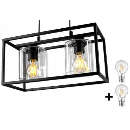 Glimex CAGE állítható függőlámpa fekete / átlátszó 2x E27 + ajándék LED izzók