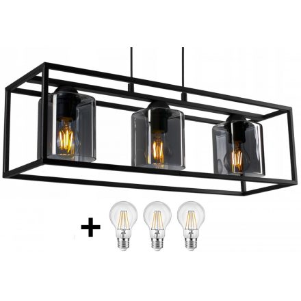 Glimex CAGE állítható függőlámpa fekete / füst 3x E27 + ajándék LED izzók