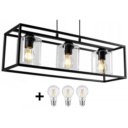 Glimex CAGE állítható függőlámpa fekete / átlátszó 3x E27 + ajándék LED izzók