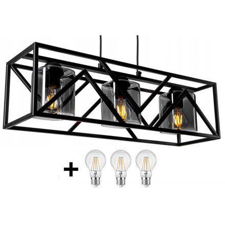 Glimex CAGE állítható függőlámpa fekete / füst 3x E27 + ajándék LED izzók