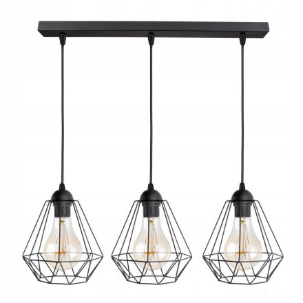 Glimex Diamond drót búrás Függőlámpa (GD09C) - Vintage, Loft, Fekete, Fém, Foglalatok száma: 3