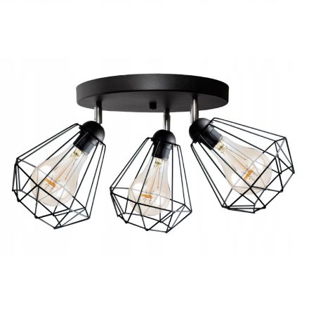 Glimex Diamond drót búrás Mennyezeti lámpa (GD18C) - Vintage, Loft, Fekete, Fém, Foglalatok száma: 3