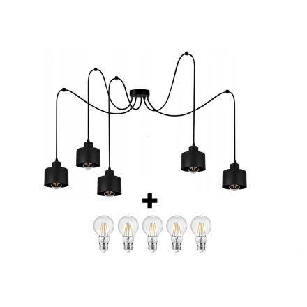 Glimex LAVOR polip függőlámpa fekete 5x E27 + ajándék LED izzók