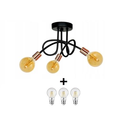 Glimex Louis fix mennyezeti lámpa fekete réz 3x E27 + ajándék LED izzók