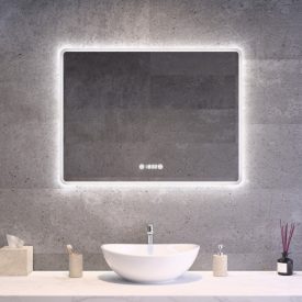 Fekvő fürdőszobai LED tükör 80x60cm - Páramentesítő - Digitális óra - Fényerő és színhőmérséklet szabályozás - Welland Kath