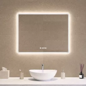 Fekvő fürdőszobai LED tükör 80x60cm - Páramentesítő - Digitális óra - Fényerő és színhőmérséklet szabályozás - Welland Kath