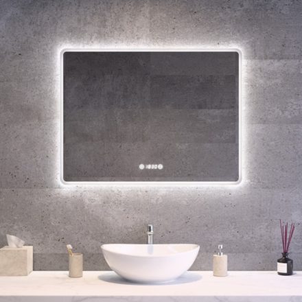 Fekvő fürdőszobai LED tükör 80x60cm - Páramentesítő - Digitális óra - Fényerő és színhőmérséklet szabályozás - Welland Kath
