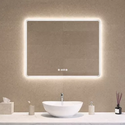 Fekvő fürdőszobai LED tükör 80x60cm - Páramentesítő - Digitális óra - Fényerő és színhőmérséklet szabályozás - Welland Kath