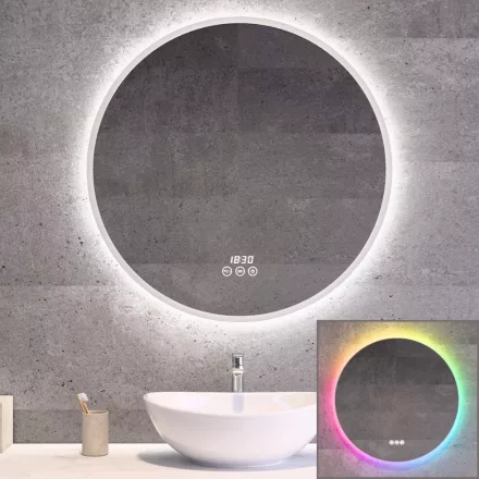 Kerek RGB Led tükör Ø70cm Welland Alpha - RGB funkció - Páramentesítő - Óra - Fényerő + színhőfok állítás