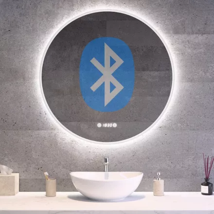 Kerek Led tükör Ø80cm Welland Alpha - Bluetooth - Páramentesítő - Óra - Fényerő + színhőfok állítás