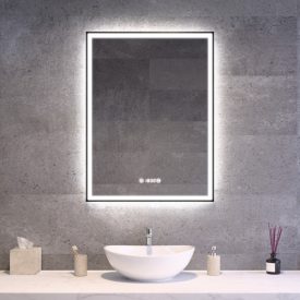 Fekete keretes Loft stílusú LED tükör 60x80cm - Páramentesítő - Óra - Fényerő és színhőmérséklet szabályozás - Welland Luxury-Line Loft G1101