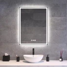 Fekete keretes Loft stílusú LED tükör 60x80cm - Páramentesítő - Óra - Fényerő és színhőmérséklet szabályozás - Welland Luxury-Line Loft G1101