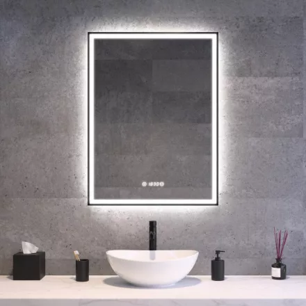 Fekete keretes Loft stílusú LED tükör 60x80cm - Páramentesítő - Óra - Fényerő és színhőmérséklet szabályozás - Welland Luxury-Line Loft G1101
