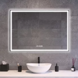 Fekete keretes Loft stílusú LED tükör 100x70cm - Páramentesítő - Beépített óra - Fényerő és színhőmérséklet szabályozás - Welland Luxury-Line Loft G800