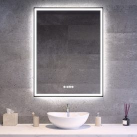 Fekete keretes Loft stílusú LED tükör 70x90cm - Páramentesítő - Óra - Fényerő és színhőmérséklet szabályozás - Welland Luxury-Line Loft G1102