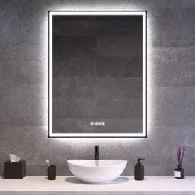 Fekete keretes Loft stílusú LED tükör 70x90cm - Páramentesítő - Óra - Fényerő és színhőmérséklet szabályozás - Welland Luxury-Line Loft G1102