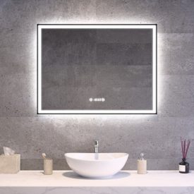 Fekete keretes Loft stílusú LED tükör 80x60cm - Páramentesítő - Beépített óra - Fényerő és színhőmérséklet szabályozás - Welland Luxury-Line Loft G1099