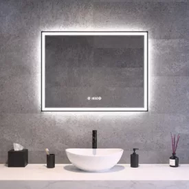 Fekete keretes Loft stílusú LED tükör 80x60cm - Páramentesítő - Beépített óra - Fényerő és színhőmérséklet szabályozás - Welland Luxury-Line Loft G1099