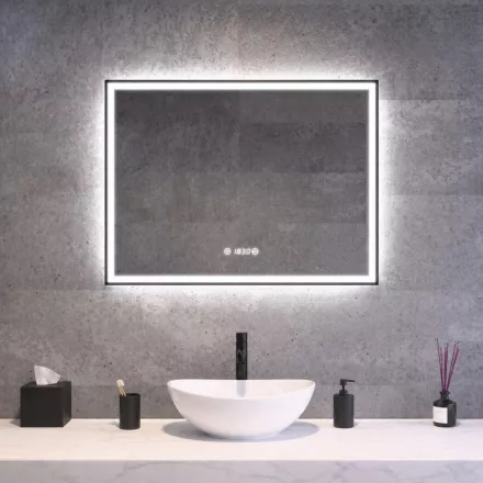 Fekete keretes Loft stílusú LED tükör 80x60cm - Páramentesítő - Beépített óra - Fényerő és színhőmérséklet szabályozás - Welland Luxury-Line Loft G1099