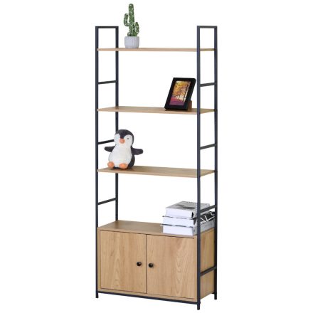 Nyitott könyvespolc, tároló állvány fém lábakkal - 5 szintes + ajtós aranytölgy - 59x144cm Intenso