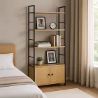 Nyitott könyvespolc, tároló állvány fém lábakkal - 5 szintes + ajtós aranytölgy - 59x144cm Intenso