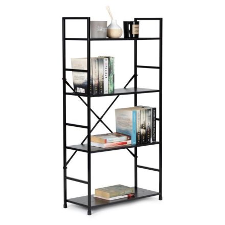 Fekete 4 szintes nyitott könyvespolc, tároló állvány fém lábakkal - 59x112cm Intenso