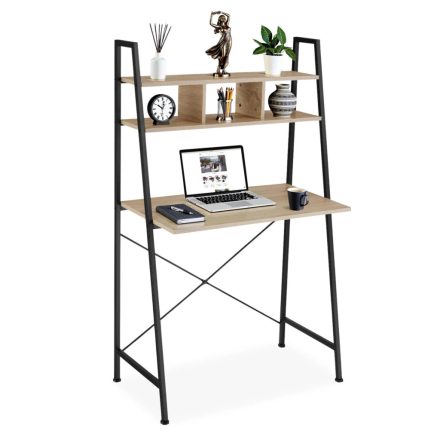 Intenso Home íróasztal / számítógépasztal polcokkal 84x46cm - Masszív fém váz, fekete - sonoma tölgy szín