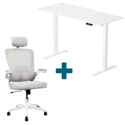 LVN System Lite elektromos asztal + forgószék szett - Fehér 140x60cm elektromosan állítható magasságú íróasztal - Fehér forgószék