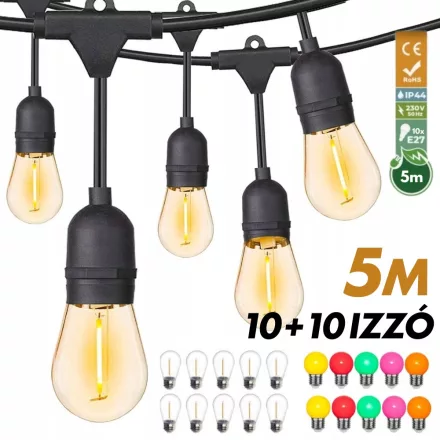 Kültéri fényfüzér kerti égősor girland 5m + 10db színes parti izzó | Sorolható IP44 E27
