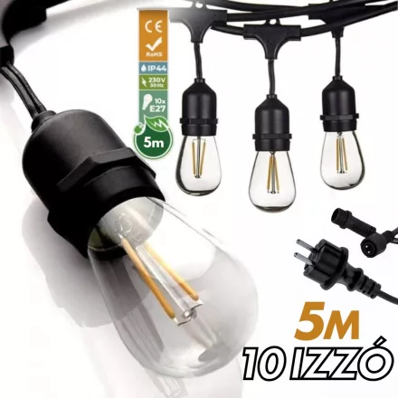 Kültéri lámpafüzér LED izzókkal - 5méter - 10db LED izzó - Kerti izzósor, girland, dekorációs világítás - IP44