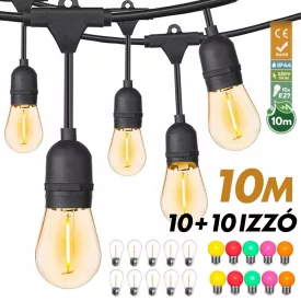 Kültéri fényfüzér kerti égősor girland 10m + 10db színes parti izzó - Sorolható IP44 E27