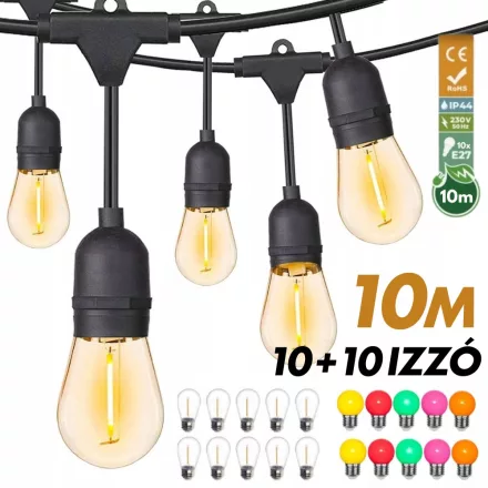 Kültéri fényfüzér kerti égősor girland 10m + 10db színes parti izzó - Sorolható IP44 E27