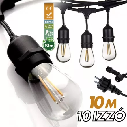 Kültéri lámpafüzér LED izzókkal - 10méter - 10db LED izzó - Kerti izzósor, girland, dekorációs világítás - IP44