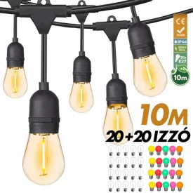 Kültéri fényfüzér kerti égősor girland 10m + 20db színes parti izzó - Sorolható IP44 E27
