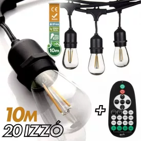   Kültéri fényfüzér kerti égősor girland 10m - 20db izzó + távirányító | Sorolható IP44 E27