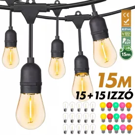 Kültéri fényfüzér kerti égősor girland 15m + 15db színes parti izzó - Sorolható IP44 E27
