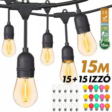 Kültéri fényfüzér kerti égősor girland 15m + 15db színes parti izzó - Sorolható IP44 E27