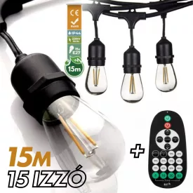   Kültéri fényfüzér kerti égősor girland 15m - 15db izzó + távirányító | Sorolható IP44 E27
