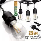 Kültéri lámpafüzér LED izzókkal - 15méter - 15db LED izzó - Kerti izzósor, girland, dekorációs világítás - IP44