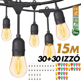Kültéri fényfüzér kerti égősor girland 15m + 30db színes parti izzó - Sorolható IP44 E27